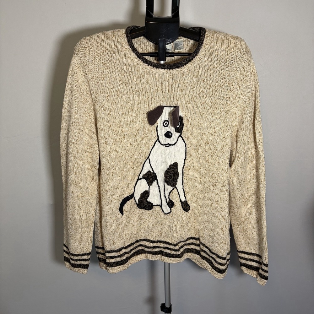 VTG CJ Banks 1X Hand Embroidered Dog Floppy Ears Cream Speckled Sweater Cottage
